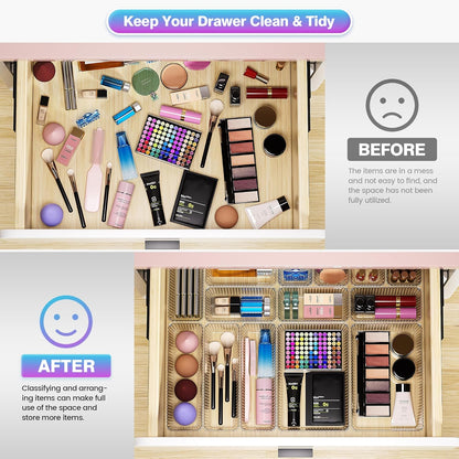 25 PCS Clear Plastic Drawer Organizer Set - 4 Sizes Makeup Organizer Desk Drawer Divider Bathroom Organizers and Storage Bins for Makeup, Jewelry, Gadgets, Office, Kitchen, Bedroom, Bathroom