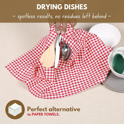 Native Fab Gingham Cotton Kitchen Towel 4 Pack 16"x26" - Absorbent Tea Linen Towels, Dish Cloths, Restaurant Cleaning Towel, Dish Towels with Hanging Loop, Red White