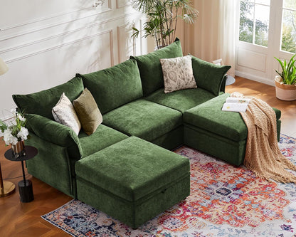 102.6" U Shaped Modular Sectional Sofa, 5 Seater Couch with Storage Ottoman Deep Seat and High Backrest with Removable Cover for Living Room, Apartment - Chenille Green