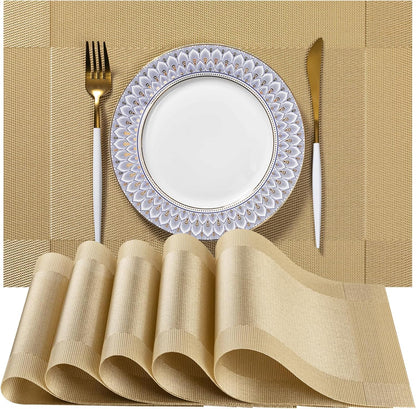 LEXMORE Placemats Set of 4 Vinyl/Plastic Woven Place Mats for Kitchen Table Indoor/Outdoor Washable Placemat Wipeable Dining Table Mats(G-Gold Cube)