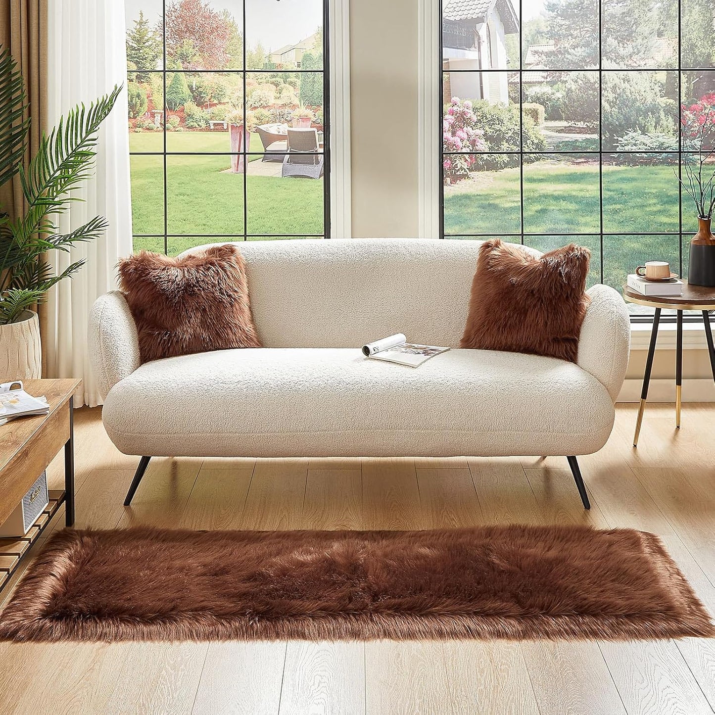 AMTOVO Faux Fur Rug, Coffee Ultra Soft Fluffy Shag Sheepskin Rug, 2 x 6 ft Runner Area Rugs for Bedroom Sofa Throw Cushion Room Decor, Rectangle