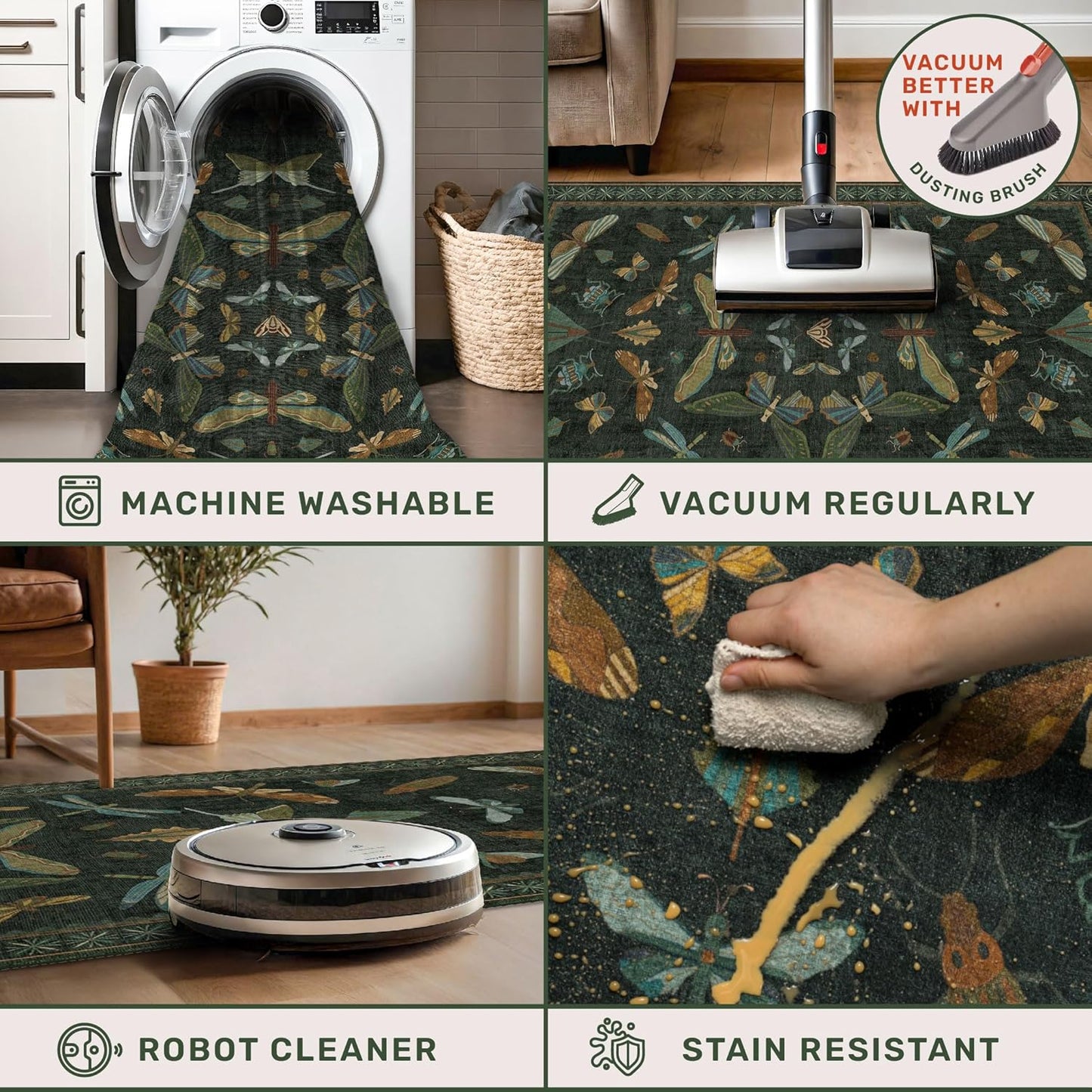 Dark Green 4x6 Washable Area Rug for Living Room, Bedroom, Large Entryway, Kitchen, Ultra Soft Non Slip Stain Resistance, Floral Forest with Brown Aethestic Design