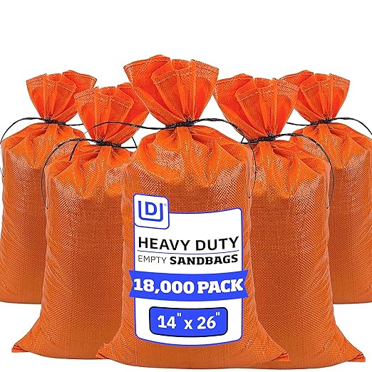 DURASACK Heavy Duty Sand Bags with Tie Strings Empty Woven Polypropylene Sand-Bags for Flood Control with 1600 Hours of UV Protection, 50 lbs Capacity, 14x26 inches, Orange, 18000 Count