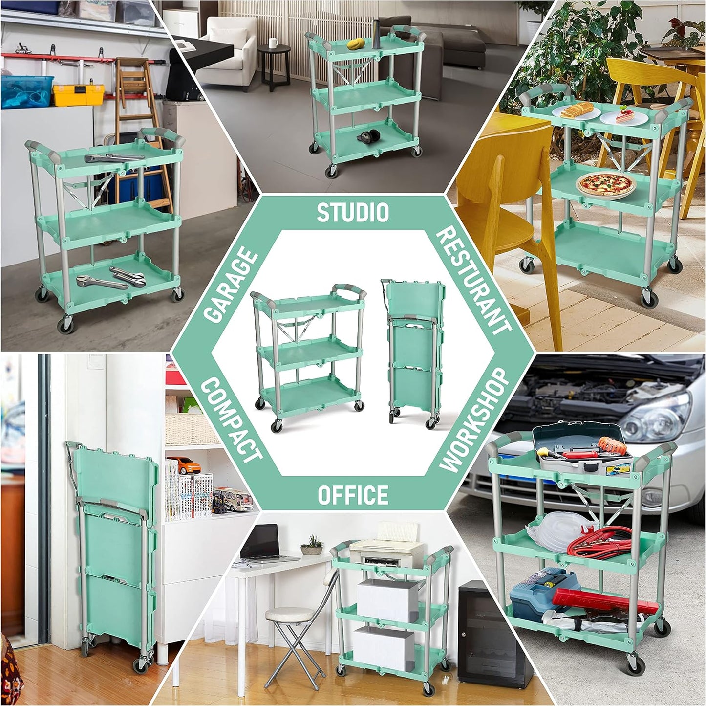 Olympia Tools 89-349 Pack-N-Roll Folding Collapsible Service Cart, 150LB Capacity, Teal