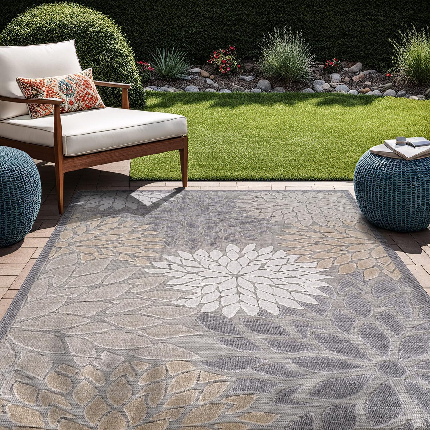 Beverly Rug Outdoor Rug 10x14 Large Modern Floral Tropical Area Rugs for Indoor and Outdoor Patio Easy to Clean Non Shedding Living Room Porch Garden Washable Outside Carpet (10 x 14 Gray)