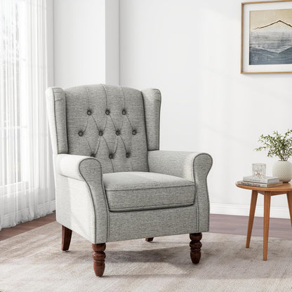 Accent Chair, Upholstered Armchair with Button Tufted High Back & Solid Wood Legs, Comfy Wingback Reading Single Sofa Chair for Small Spaces, Living Room, Bedroom (Light Grey, Set of 1)