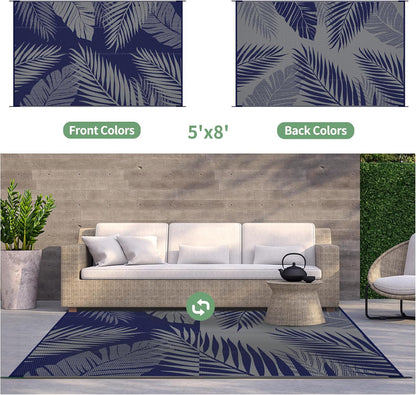 GENIMO Outdoor Rug 5' x 8' Waterproof for Patios Clearance, Reversible Outdoor Plastic Straw Camping Rug Carpet, Large Area Rugs Mats for RV, Picnic, Backyard, Deck, Balcony, Porch, Beach, Blue&Grey