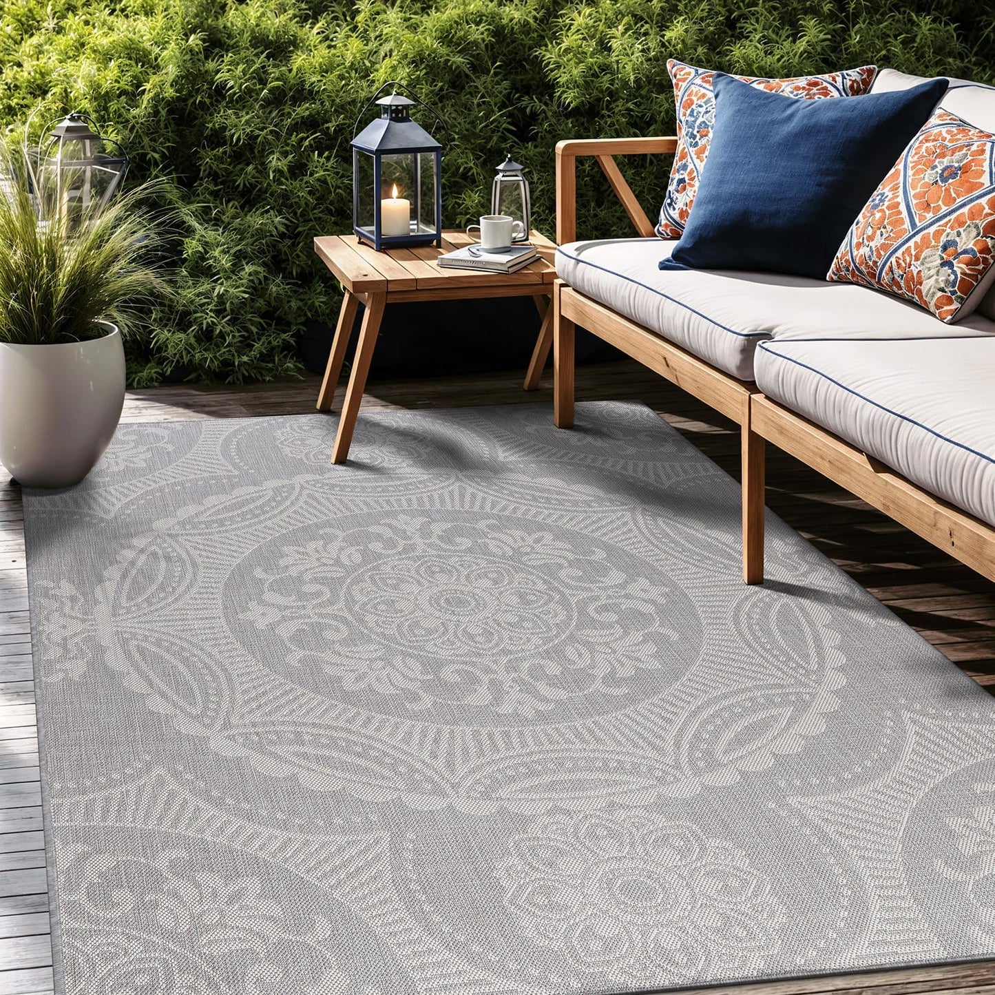 Medallion Outdoor Rug 5x7 Washable Outside Carpet for Indoor Patio Porch Waterproof Easy Cleaning Non Shedding Area Rugs Gray 5 x 7