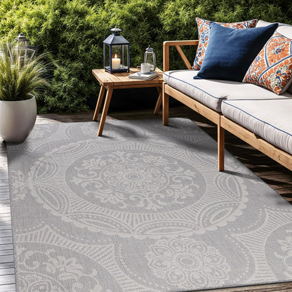 Medallion Outdoor Rug 5x7 Washable Outside Carpet for Indoor Patio Porch Waterproof Easy Cleaning Non Shedding Area Rugs Gray 5 x 7