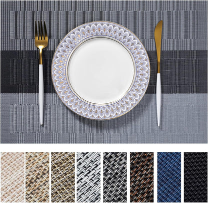 LEXMORE Placemats Set of 6 Vinyl/Plastic Woven Place Mats for Kitchen Table Indoor/Outdoor Washable Placemat Wipeable Dining Table Mats(Silver Gray Black)