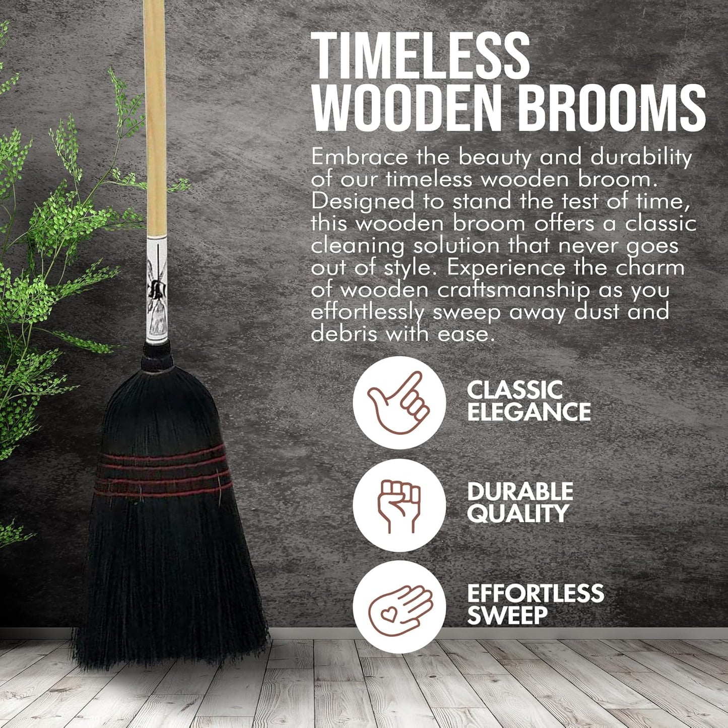 Handmade Amish Corn Broom with Wooden Handle – 57" Heavy Duty Broom for Courtyard, Lobby & Market, 100% Corn Fill Straw Broo'm, 4 Sews Indoor & Outdoor Bristle for Sweeping - Black