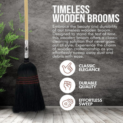 Handmade Amish Corn Broom with Wooden Handle – 57" Heavy Duty Broom for Courtyard, Lobby & Market, 100% Corn Fill Straw Broo'm, 4 Sews Indoor & Outdoor Bristle for Sweeping - Black
