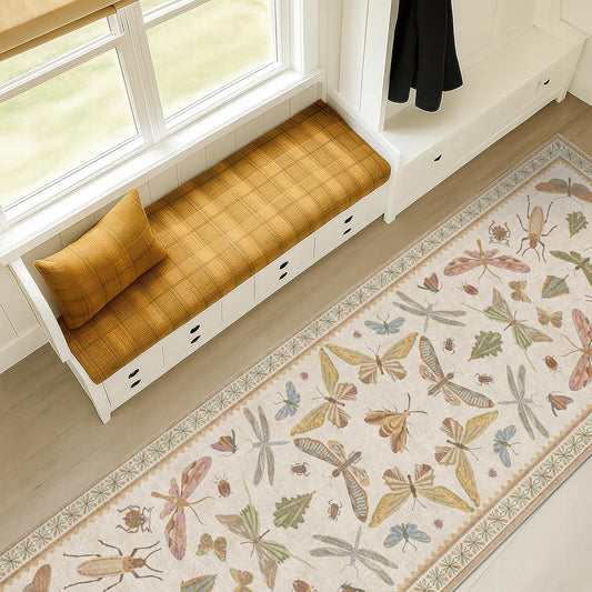 8 ft Long Hallway Rug - 2'6''x8' Wide Kitchen Runner Rug, Non-Slip & Stain Resistant Long Floor Rug, Neutral Beige Boho Floral Insect Decor
