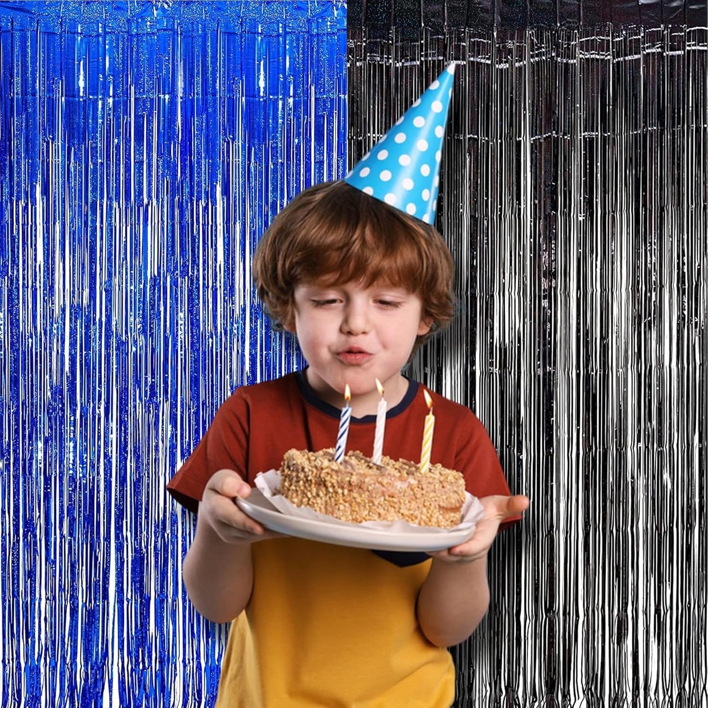 Foil Fringe Curtain Party Decorations - Black Blue Metallic Tinsel Photo Booth Backdrop Party Steamers Curtains for Birthdays Christmas New Years Homecoming Decoration