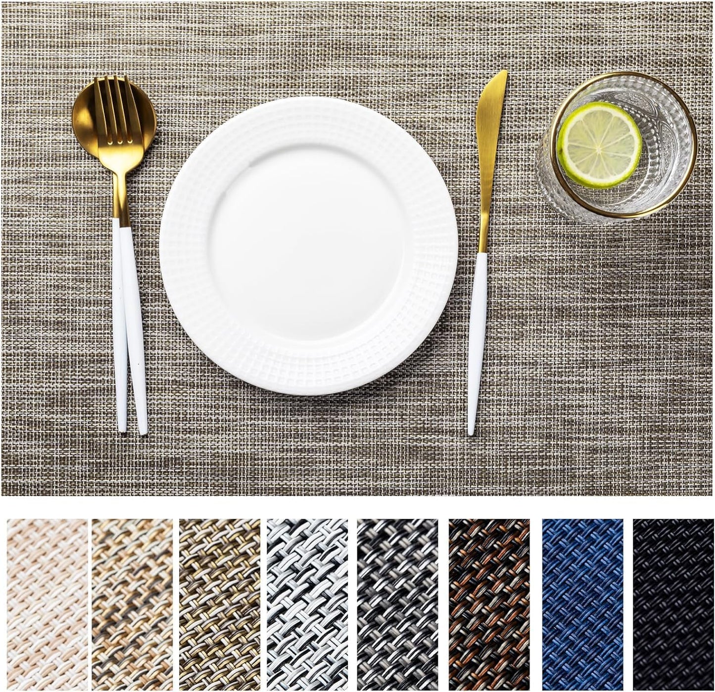 LEXMORE Placemats Set of 12 Vinyl/Plastic Woven Place Mats for Kitchen Table Indoor/Outdoor Washable Placemat Wipeable Dining Table Mats(A-Cappuccino)