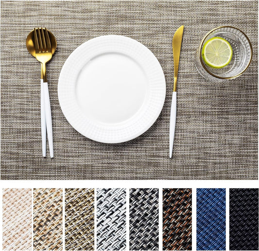 LEXMORE Placemats Set of 6 Vinyl/Plastic Woven Place Mats for Kitchen Table Indoor/Outdoor Washable Placemat Wipeable Dining Table Mats(A-Cappuccino)