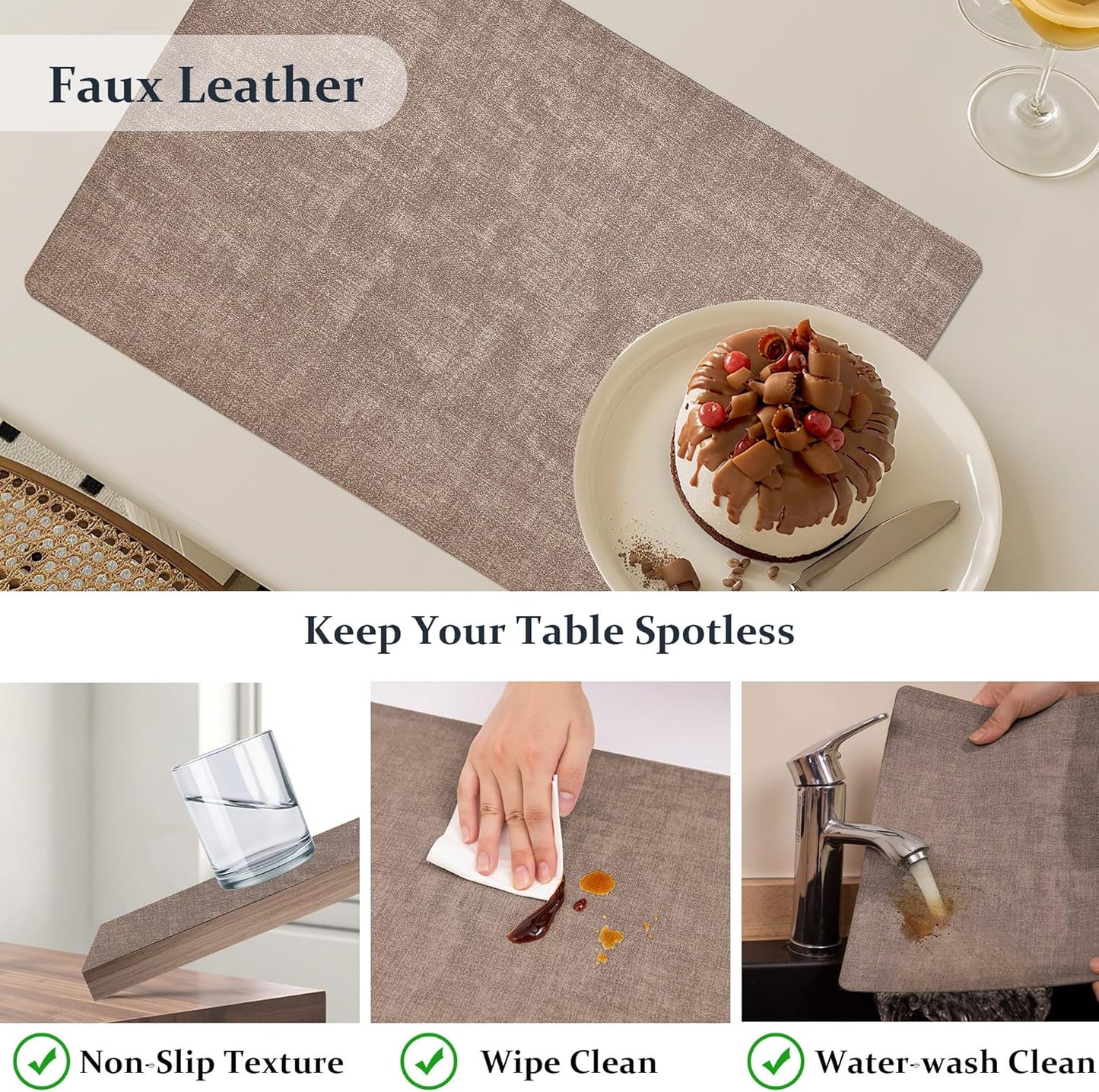 FROMHEART Faux Leather Placemats Set of 6–Waterproof,Heat/Oil Stain-Resistant PU Table Mat–Reversible,Non-Slip,Easy to Clean Place Mats for Kitchen,Dining,Indoor/Outdoor,(Dark Coffee,11.8" x 17")
