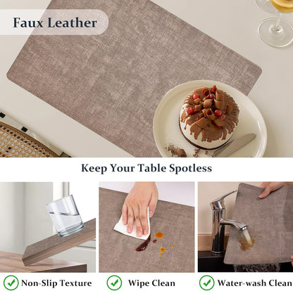 FROMHEART Faux Leather Placemats Set of 6–Waterproof,Heat/Oil Stain-Resistant PU Table Mat–Reversible,Non-Slip,Easy to Clean Place Mats for Kitchen,Dining,Indoor/Outdoor,(Dark Coffee,11.8" x 17")