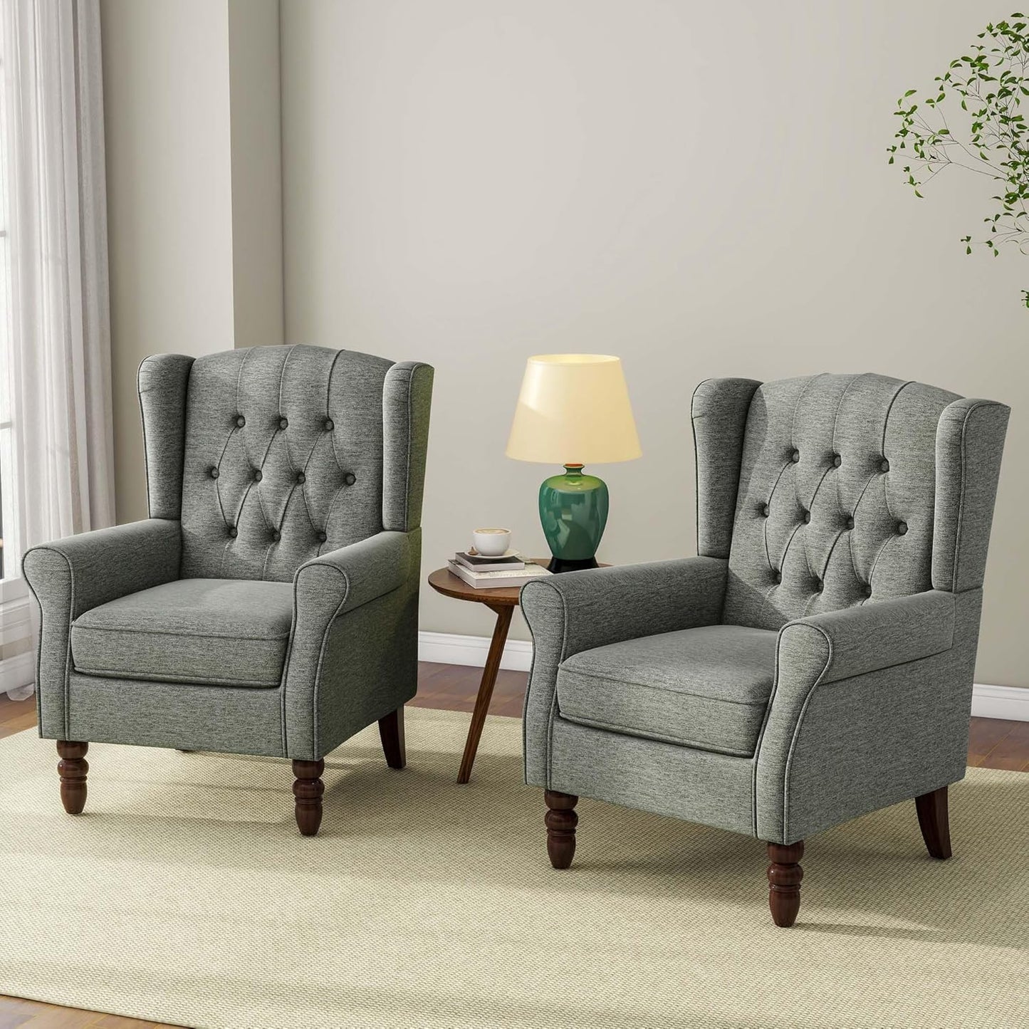 Accent Chair, Upholstered Armchair with Button Tufted High Back & Solid Wood Legs, Comfy Wingback Reading Single Sofa Chair for Small Spaces, Living Room, Bedroom (Grey, Set of 2)