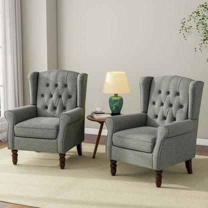 Accent Chair, Upholstered Armchair with Button Tufted High Back & Solid Wood Legs, Comfy Wingback Reading Single Sofa Chair for Small Spaces, Living Room, Bedroom (Grey, Set of 2)