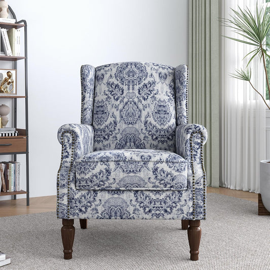 Lumibee Wingback Accent Chair,High Back Floral Armchairs in Fabric,Comfy Upholstered Reading Single Sofa Chair with Solid Wood Legs for Living Room,Bedroom,Office-Navy