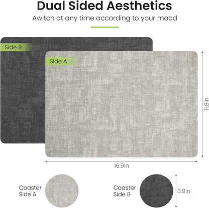 Faux Leather Dual Sided Placemats Set of 4, Square Non-Slip Heat Resistant Placemats with Coaster, Reversible wipeable Waterproof Table Mats for Kitchen, Dining, Outdoor (4, Black Light Gray)