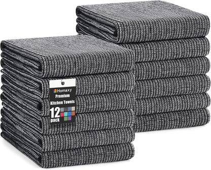 Homaxy Premium Kitchen Towels(18”x 28”, 12 Pack), Large Cotton Kitchen Hand Towels, Flat and Terry Dish Towels, 380 GSM Highly Absorbent Tea Towel Set with Hanging Loop, Black
