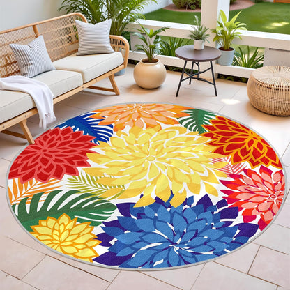 Indoor Outdoor 6FT Round Area Rug Washable Rugs Multicolored Patio Rug Tropical Botanical Modern Floral Indoor Outdoor Round Carpet Non Slip for RV, Pool Deck, Backyard, Porch