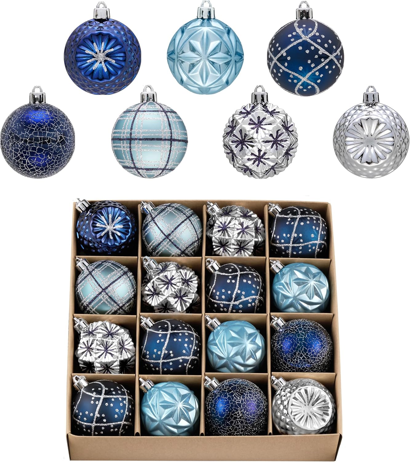 Valery Madelyn Ornaments for Christmas Trees, 16ct 2.36 Inches Navy Blue and Silver Shatterproof Christmas Tree Decorations, Luxury Hanging Ball Ornaments for Xmas Holiday Party Decor