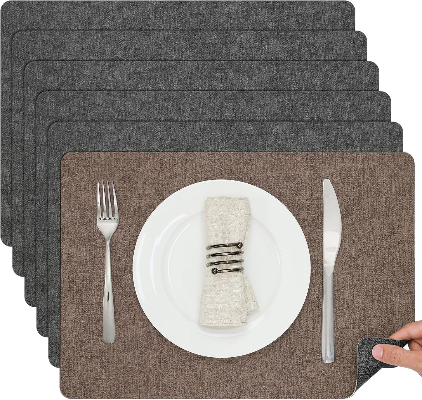 Myir JUN Placemats Dual Sided, Faux Leather Place Mats Set of 6 Indoor Placemat for Dining Table Outdoor Place Mat Square Non-Slip Washable Table Mats (Gray Brown, Set of 6)