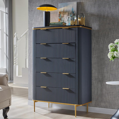 T4TREAM Fluted 5 Drawers Dresser for Bedroom, 48" Tall Modern Dresser Chest of Drawers, Gold Accents, Fluted Fronts, Wood Storage Dressers Organizer for Bedroom, Living Room, Dark Grey