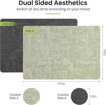 Faux Leather Dual Sided Placemats Set of 6, Square Non-Slip Heat Resistant Placemats with Coaster, Reversible wipeable Waterproof Table Mats for Kitchen, Dining, Outdoor (6, Black Light Green)