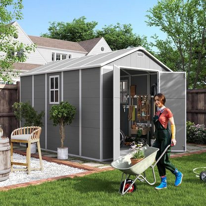 UDPATIO Outdoor Storage Shed 7.5x10.7 FT, Grey & White Resin & Steel Shed with Lockable Door for Backyard, Patio, Lawn
