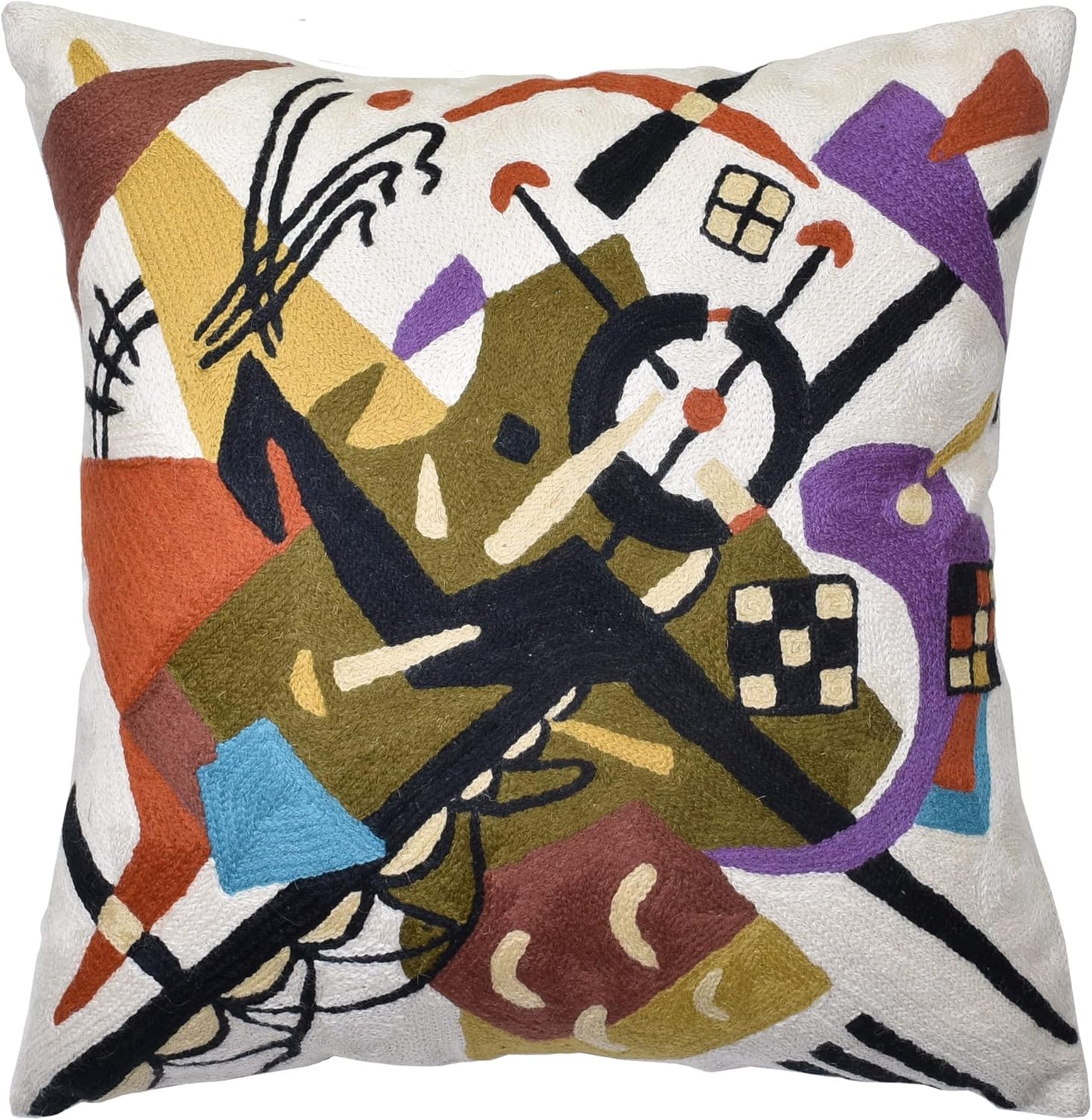 Kandinsky Abstract Pillow Cover - White Modern Throw Pillowcase Cream Chair Cushion Contemporary Farmhouse Pillows Modern Couch Handmade Wool Size 18x18