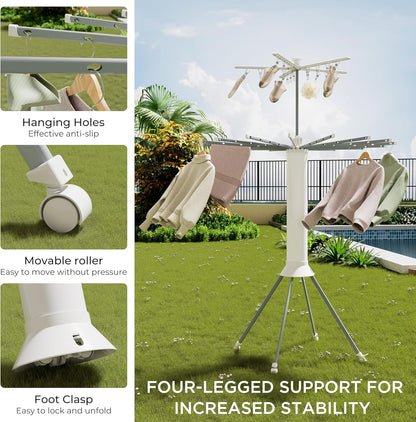 4-Legged Clothes Drying Rack, Portable Dryer Rack with 20 Clips, Outdoor Laundry Drying Rack with 4 Pulleys, Collapsible Drying Rack Clothing, Aluminum Hanging Dryer Rack for Clothes, Socks