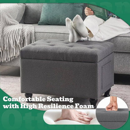 Ottoman with Storage 24'' Storage Ottomans Fabric Ottoman Footstools Small Upholstered Foot Rest Stool for Couch, Living Room, Bedroom, Entrance Shoe Bench Grey