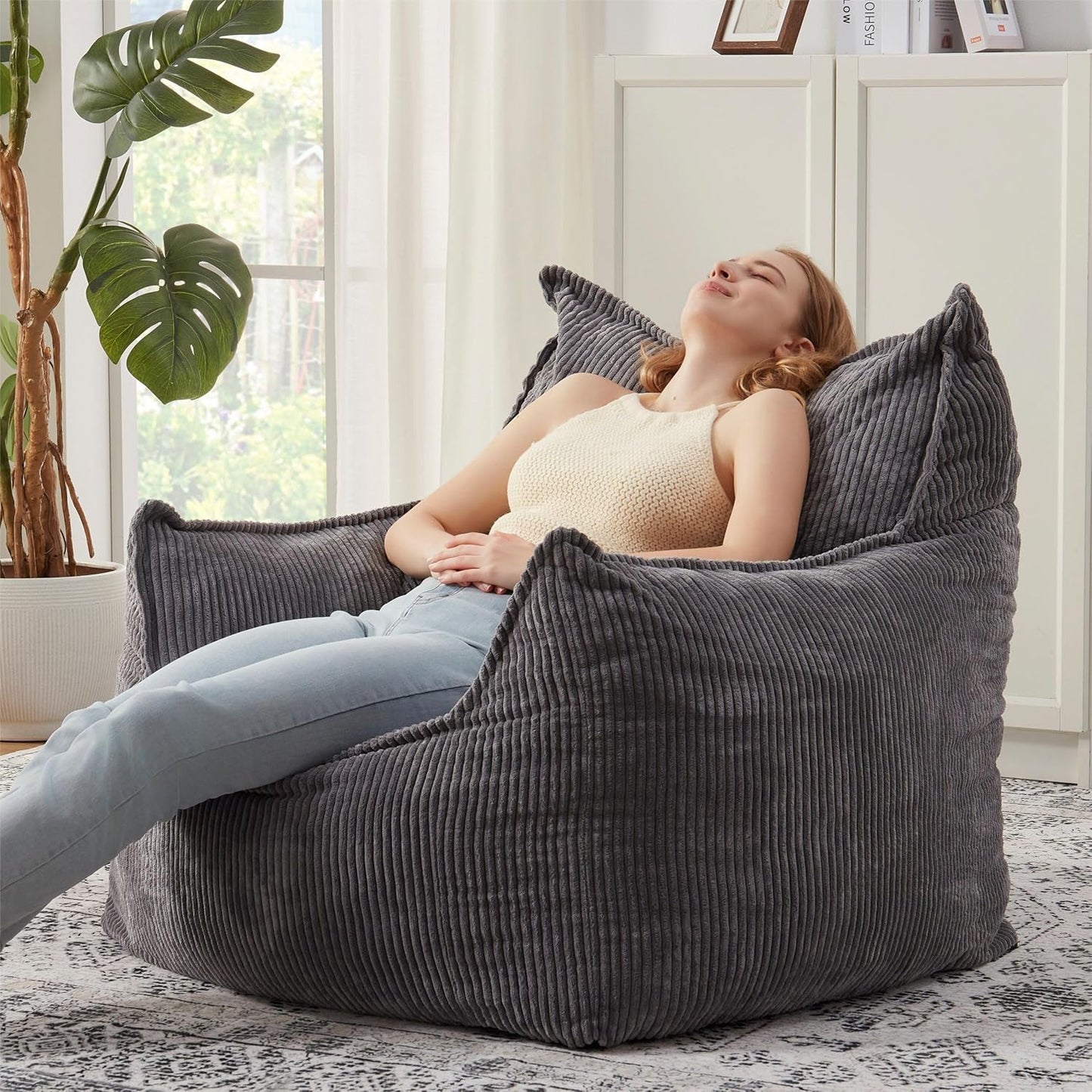 Giant Bean Bag Chair Sofa for Adults Teens, Comfy Corduroy Large Bean Bag Chairs with Armrests for Bedroom Living Room, Adult BeanBag Lazy Sofa Couch Chairs with Filler Included