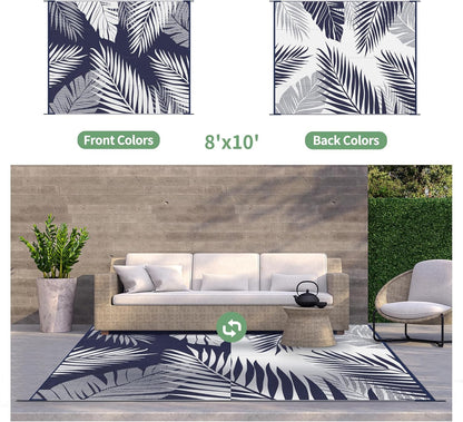 GENIMO Outdoor Rug 8' x 10' Waterproof for Patios Clearance, Reversible Outdoor Plastic Straw Camping Rug Carpet, Large Area Rugs Mats for RV, Camper, Deck, Balcony, Porch, Beach, Navy Blue&White