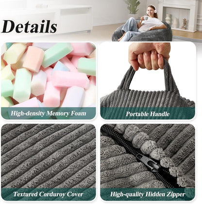 3.5FT Bean Bag Chairs Teardrop Bean Bag Chair for Adults Beanbag Chair with Memory Foam Filled Machine Washable Cover for Living Room, Bedroom (Large,Grey)