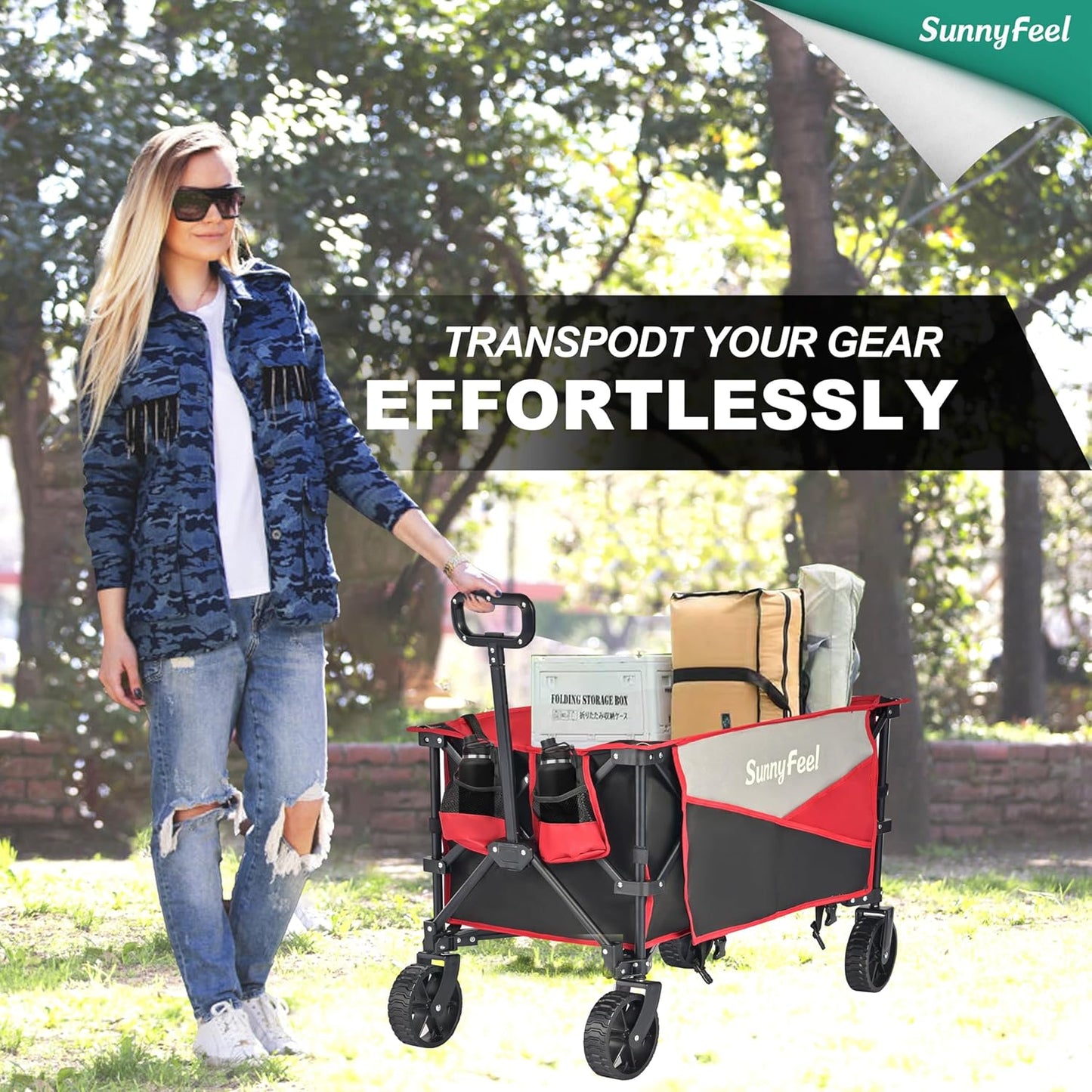 SunnyFeel Heavy Duty Collapsible Outdoor Utility Wagon Cart 400LB Capacity Adjustable Handlebar,Foldable Beach Wheels Stable Durable Oxford Fabric for Shopping Garden Camping (Black & Red)