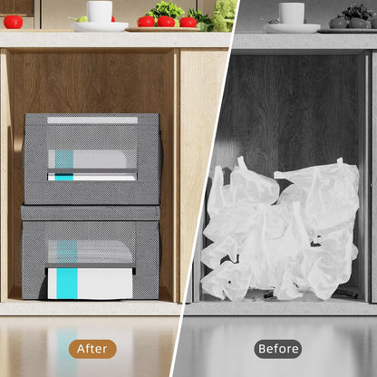 2 Pack Trash Bag Holder Dispenser, Oxford Cloth Garbage Bag Storage Organizer with Mesh Pockets, Foldable Kitchen Organizer Fits 13 Gallon Roll for Kitchen and Pantry（Small）