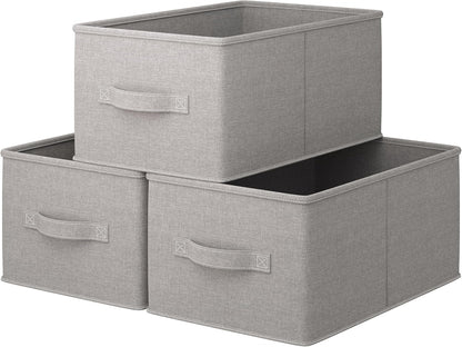 3 Pack Fabric Storage Bins for Shelves | 16.25x12x10in Closet Storage Baskets | Collapsible Storage Bins |Fabric Closet Organizers with Handles | Grey