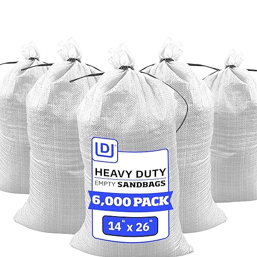 DURASACK Heavy Duty Sand Bags with Tie Strings Empty Woven Polypropylene Sand-Bags for Flood Control with 1600 Hours of UV Protection, 50 lbs Capacity, 14x26 inches, White, 6000 Count