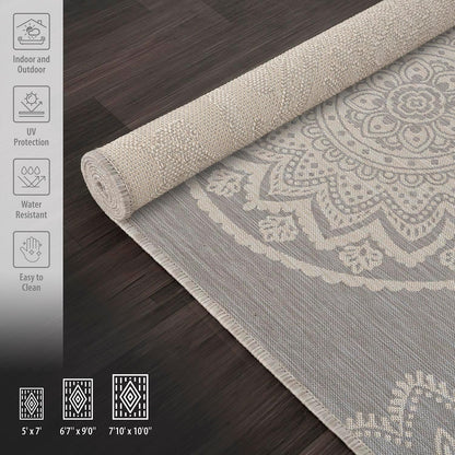 CAMILSON Outdoor Rug 10x14 Modern Area Rugs for Large Indoor and Outdoor Patios and Porches - Waterproof Washable Non-Shedding Easy-to-Clean Outside Carpet (10 x 14, Medallion - Grey/White)