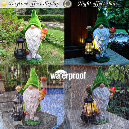 Solar Gnomes Garden Statues,Resin Gnome Figurine Holding Mushroom and Solar Lights Lantern,Outdoor Yard Art Decorations for Garden Patio Lawn