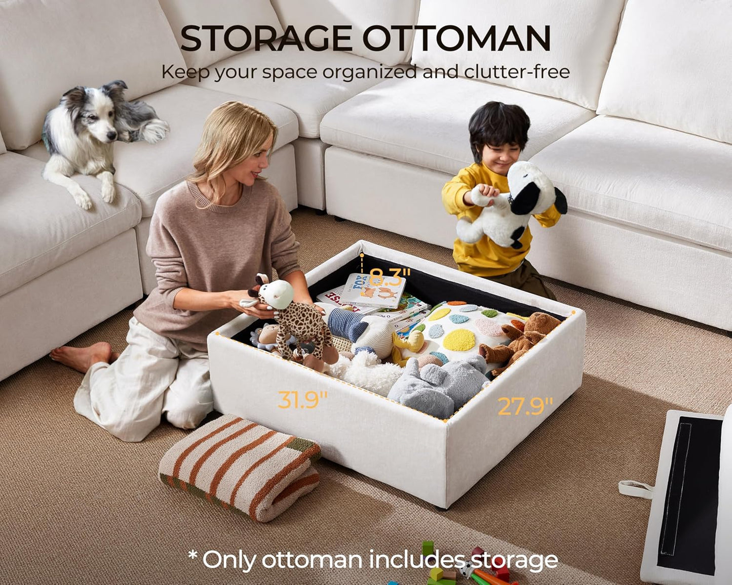 Oversized Modular Sofa Comfy Cloud Couch with Storage, Extra Deep Plush Sectional Sofa Set for Living Room, Covers Washable, Chenille, Olar (White, 6-Seater with 2 Ottomans, u-Shaped)