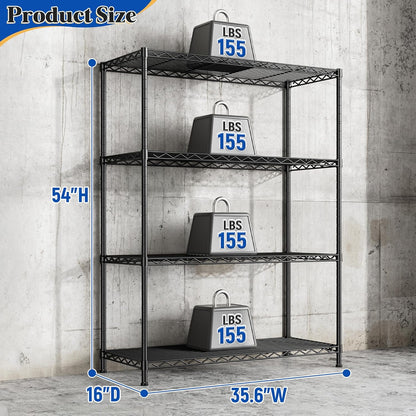 4- Shelf Metal Shelving Unit Adjustable Storage Shelves Heavy Duty Garage Shelving Steel Wire Shelving for Laundry Bathroom Kitchen Pantry Closet Garage Black, 35.6Wx16Dx54H