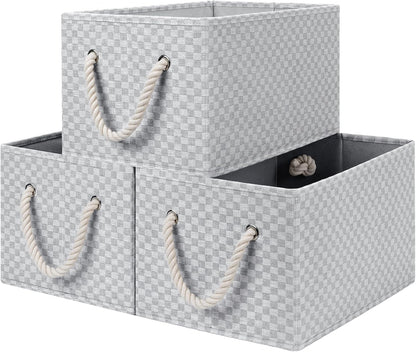 StorageWorks Storage Baskets for Shelves, Foldable Fabric Closet Storage Bins with Handles, Fabric Storage Bins Clothes Organizer, Gray Check, 3-Pack, Large