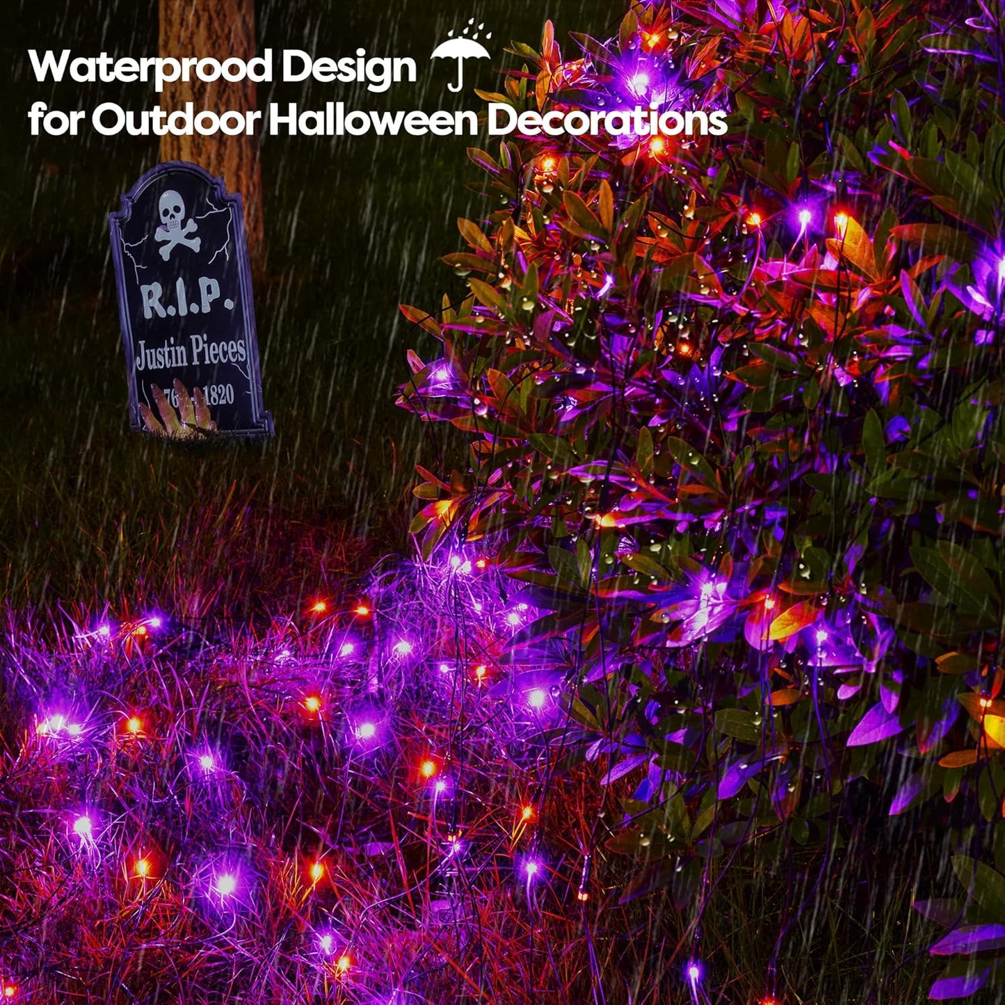WBao Orange Purple Halloween Lights Outdoor 200LED F8 Big Bulbs, 8.4ft x 5.2ft Halloween Net Lights with 8 Modes, Timer, Connectable, Waterproof & Dark Green Wire for Lawn, Bushes Outdoor Decorations