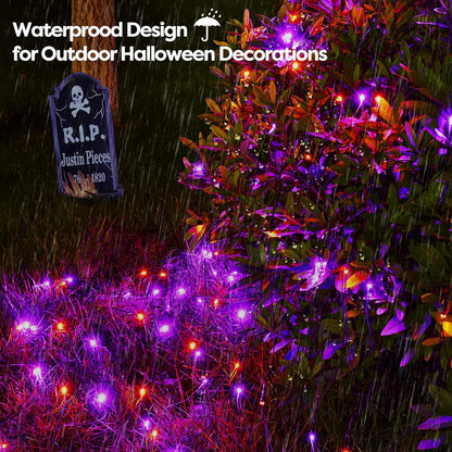 WBao Orange Purple Halloween Lights Outdoor 200LED F8 Big Bulbs, 8.4ft x 5.2ft Halloween Net Lights with 8 Modes, Timer, Connectable, Waterproof & Dark Green Wire for Lawn, Bushes Outdoor Decorations